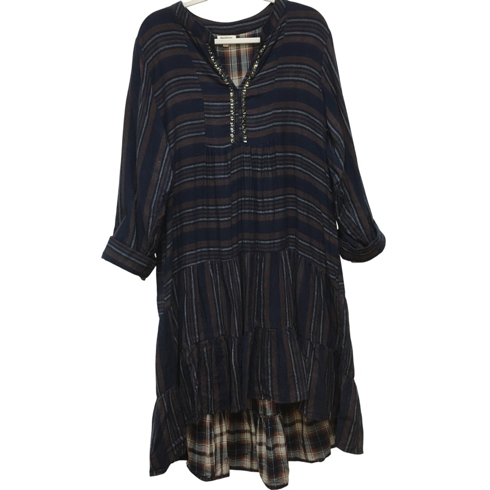 World Market PlaidTiered Tunic Dress Women's L/XL Navy Cottage Pumpkin Patch